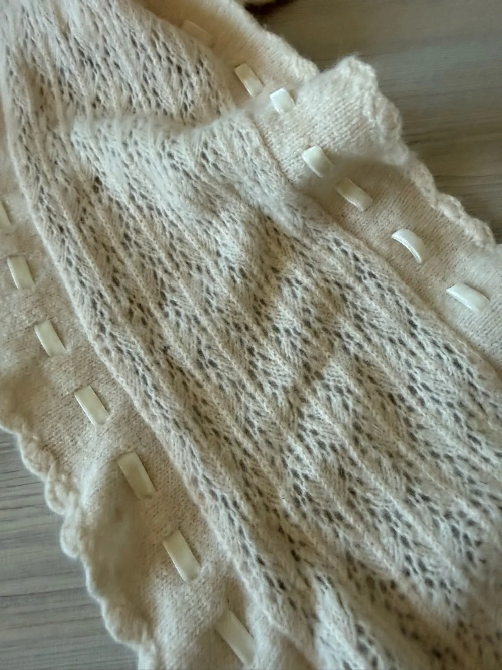 Feminine Coquette Cream Knit Scarf with Velvet Ribbon Detail